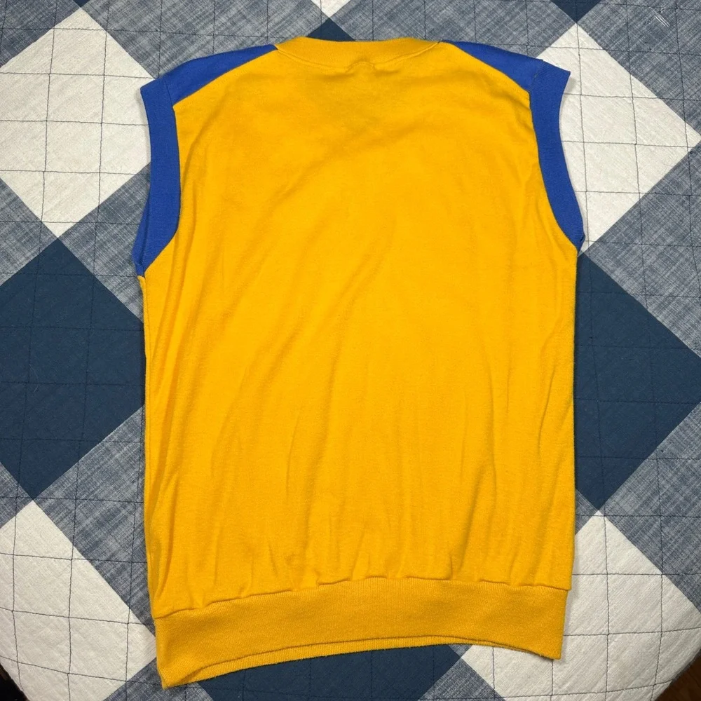 Vintage 80s Sleeveless Sweatshirt Vest Yellow Blue V-Neck Kangaroo Pocket Mens L